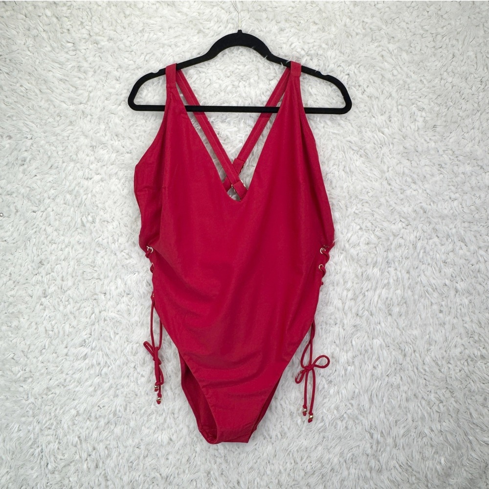 CCX Lace Up 1 PC Swimsuit XL Red Cherry Sexy Side Tie One Piece Swimwear NEW